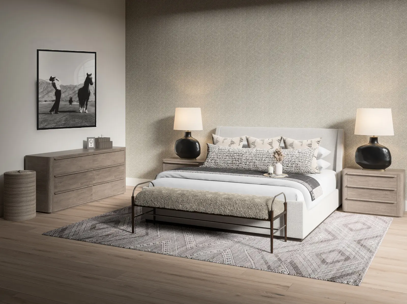 The finished bedroom, fully styled, with art and accessories