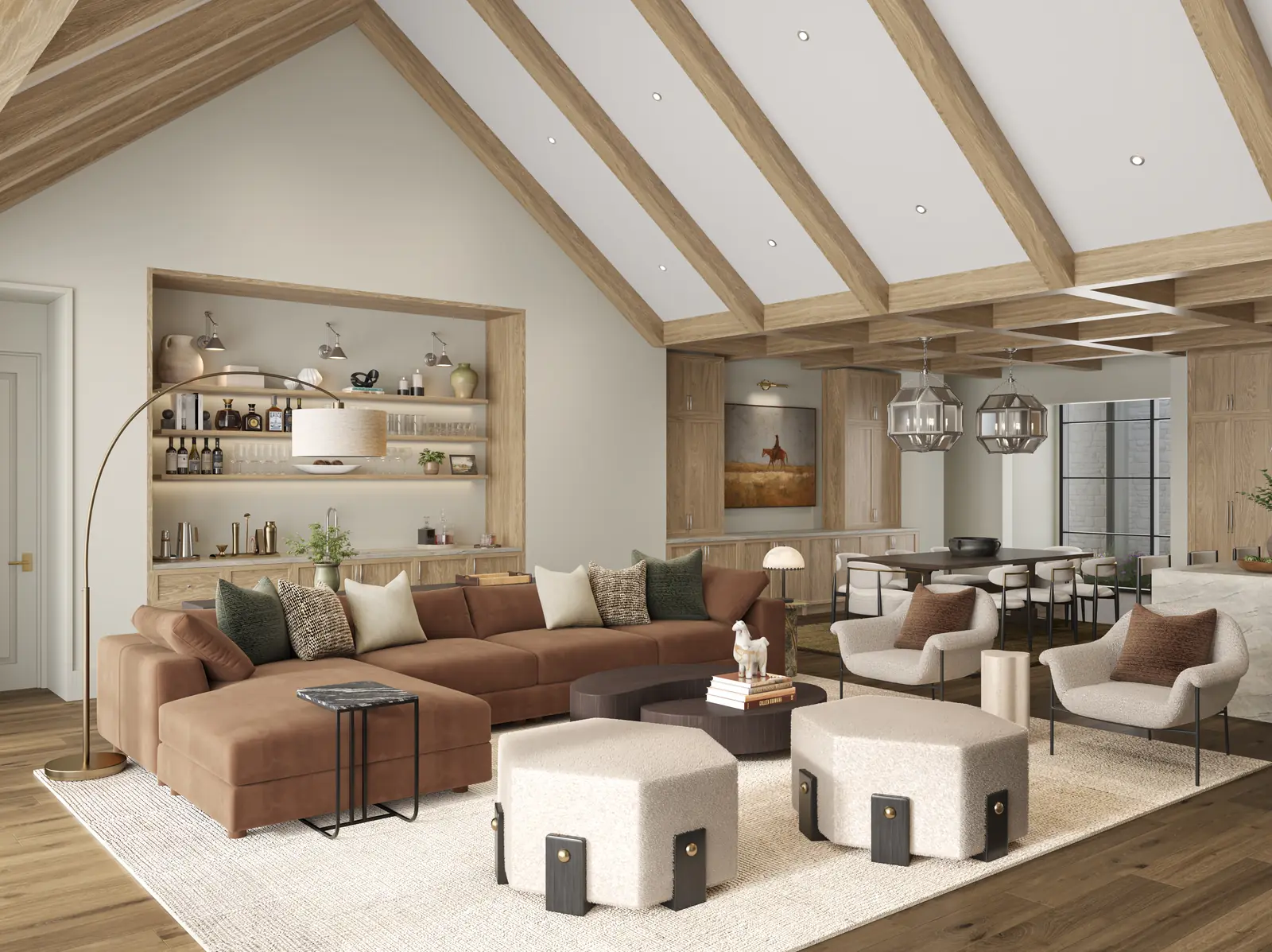 Great room rendering under timber beams, with arched oak shelving and a western painting